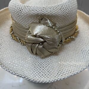 Summer Straw Hat with Knotted Gold Fabric Trim and Gold Pearls